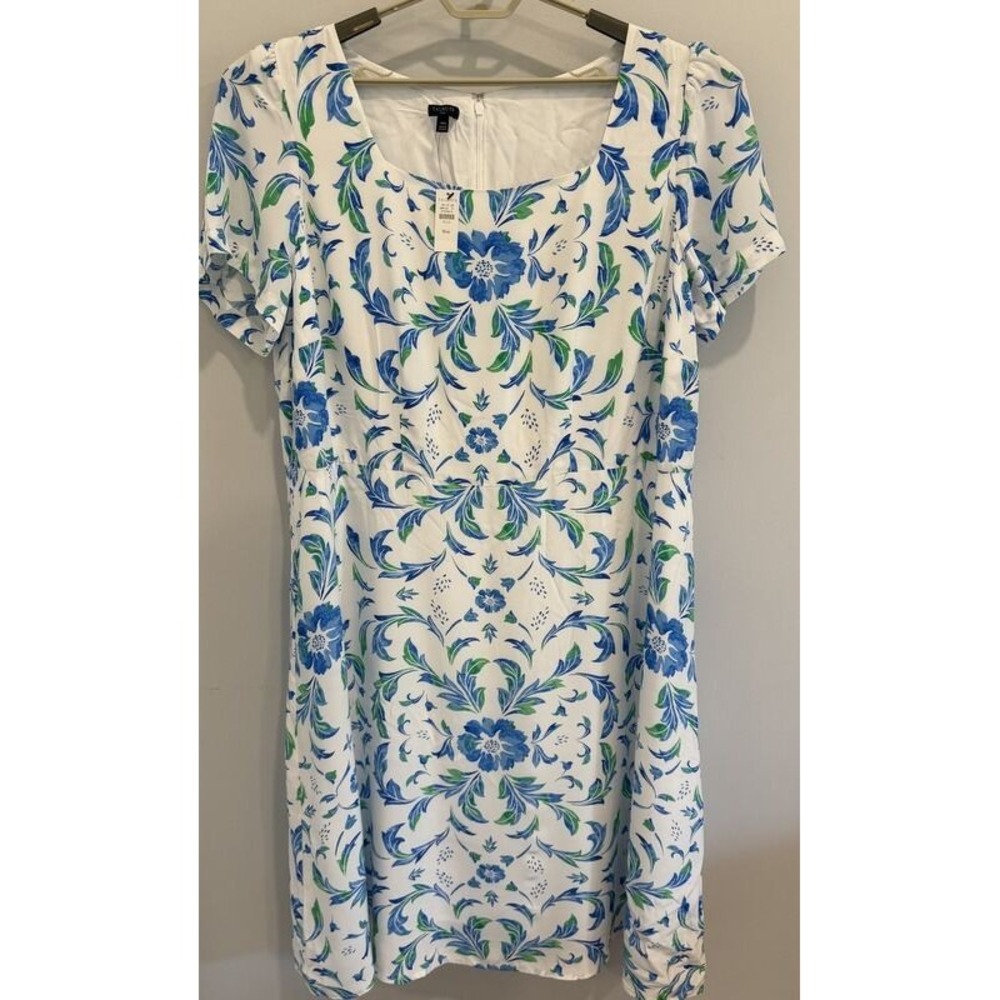 Talbots Plus Short Sleeve Square Neck Midi Dress Blue Green Floral New Size 16W